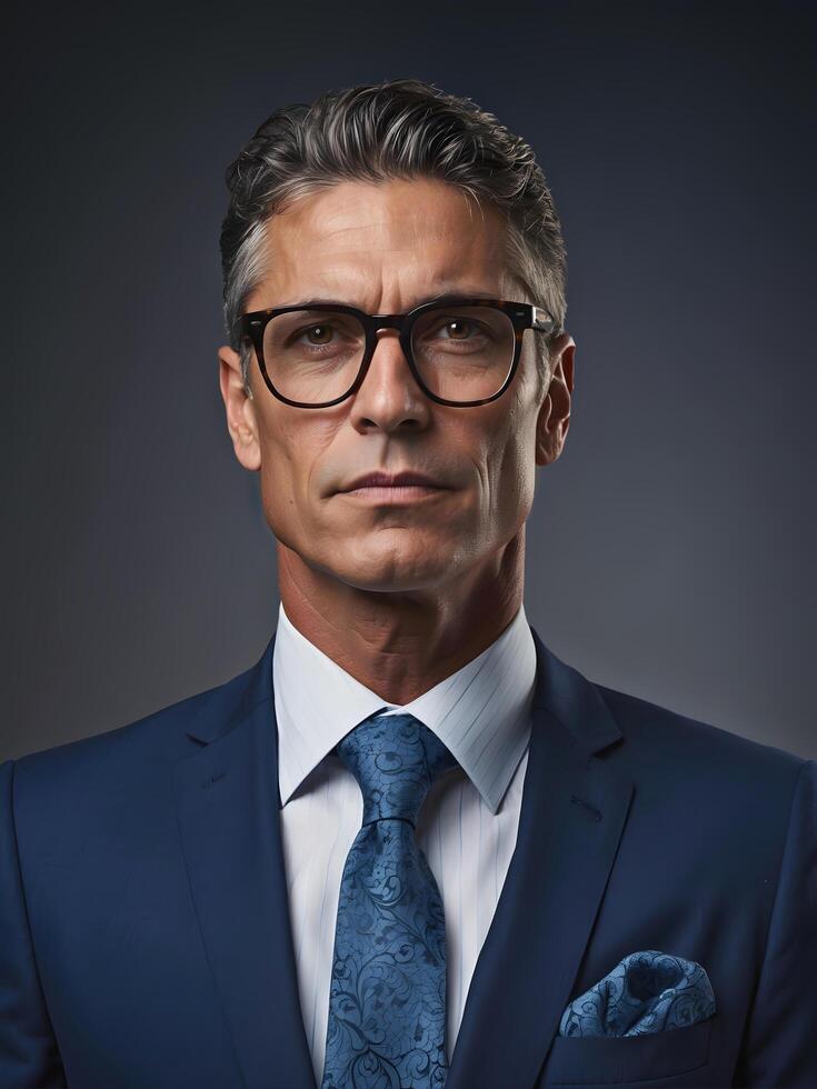 AI generated portrait of handsome mature confident business man smiling in suit and glasses, CEO manager background, successful people photo