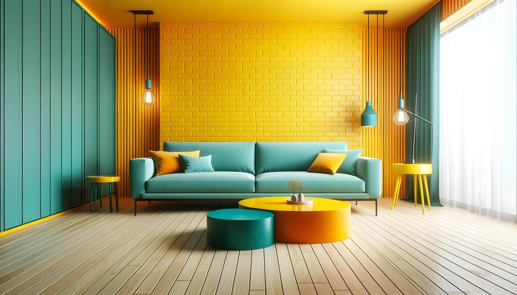 ai generado moderno lujo minimalista vivo habitación interior diseño concepto, verde azulado y amarillo, arquitectónico antecedentes foto
