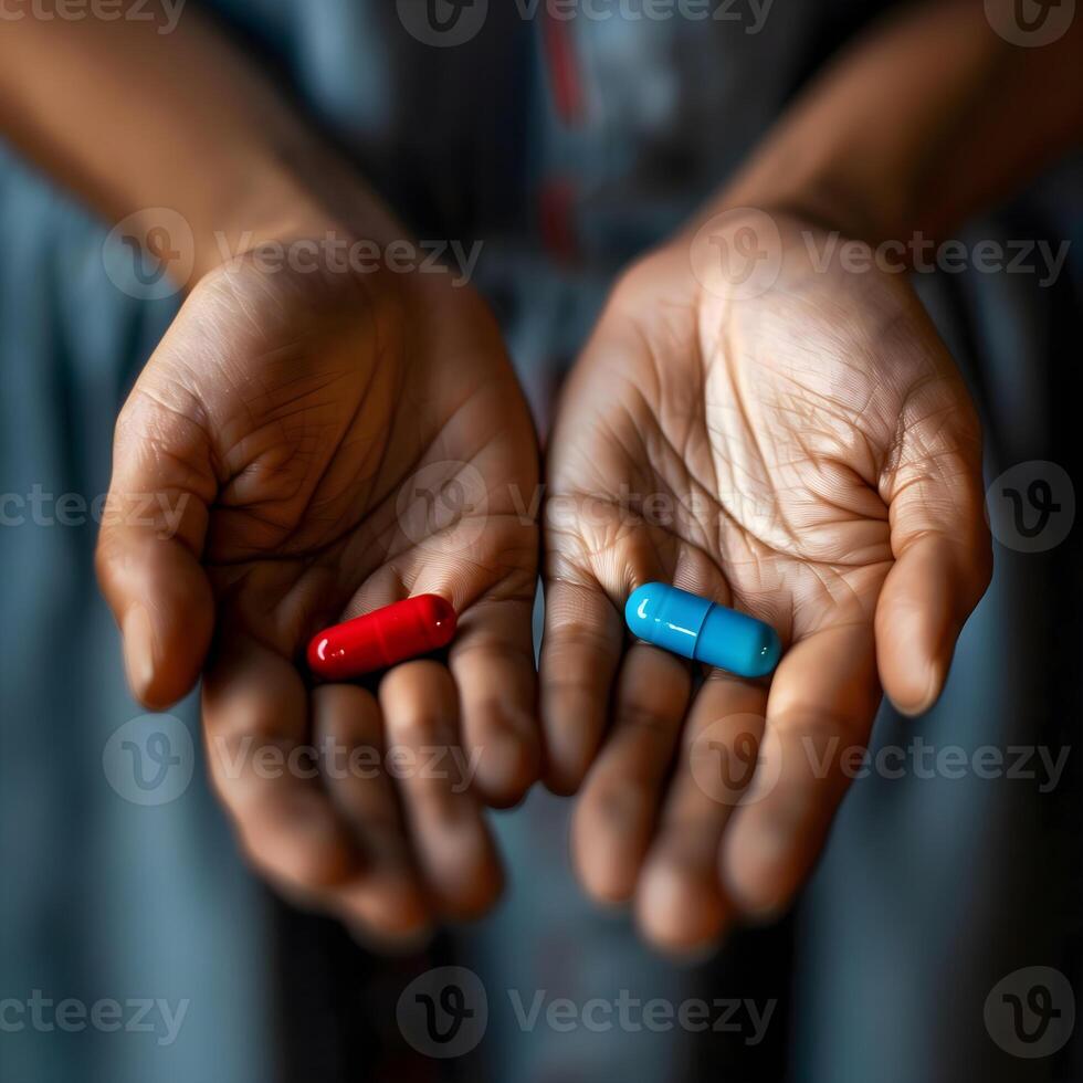 ai generado de cerca en humano manos participación rojo y azul píldora, tableta, salud y medicina concepto, elección, fondo, modelo foto