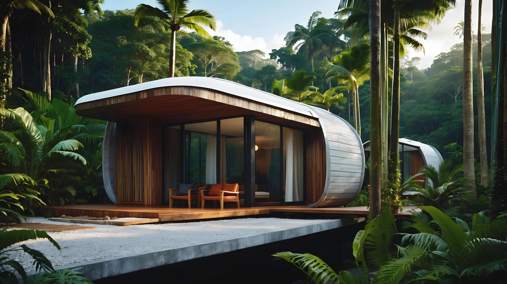AI generated Modern capsule style concept house integrated in rainforest and nature, architecture background, eco green house photo