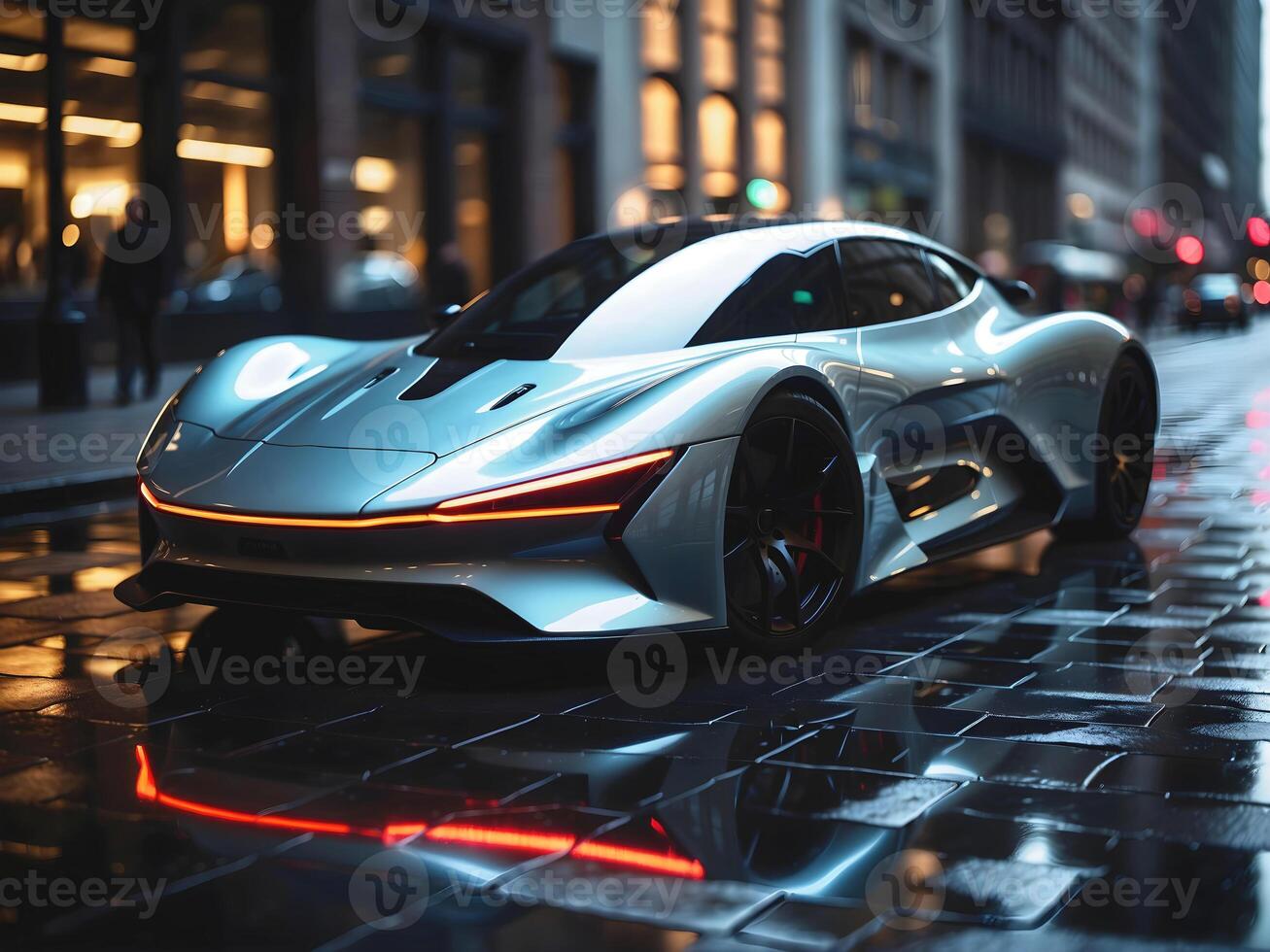 AI generated Modern futuristic sport race car in city street at night, auto background, automotive wallpaper, template with copy space area photo