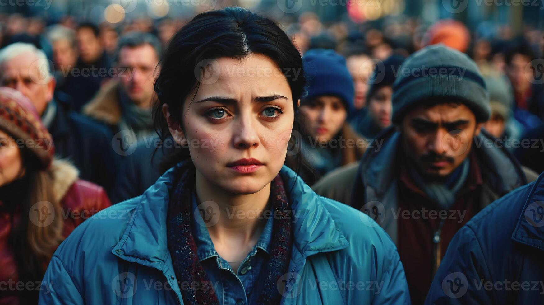 ai generado retrato de hermosa triste Deprimido mirando mujer con negro pelo azul ojos rodeado por multitud de personas en el calle foto