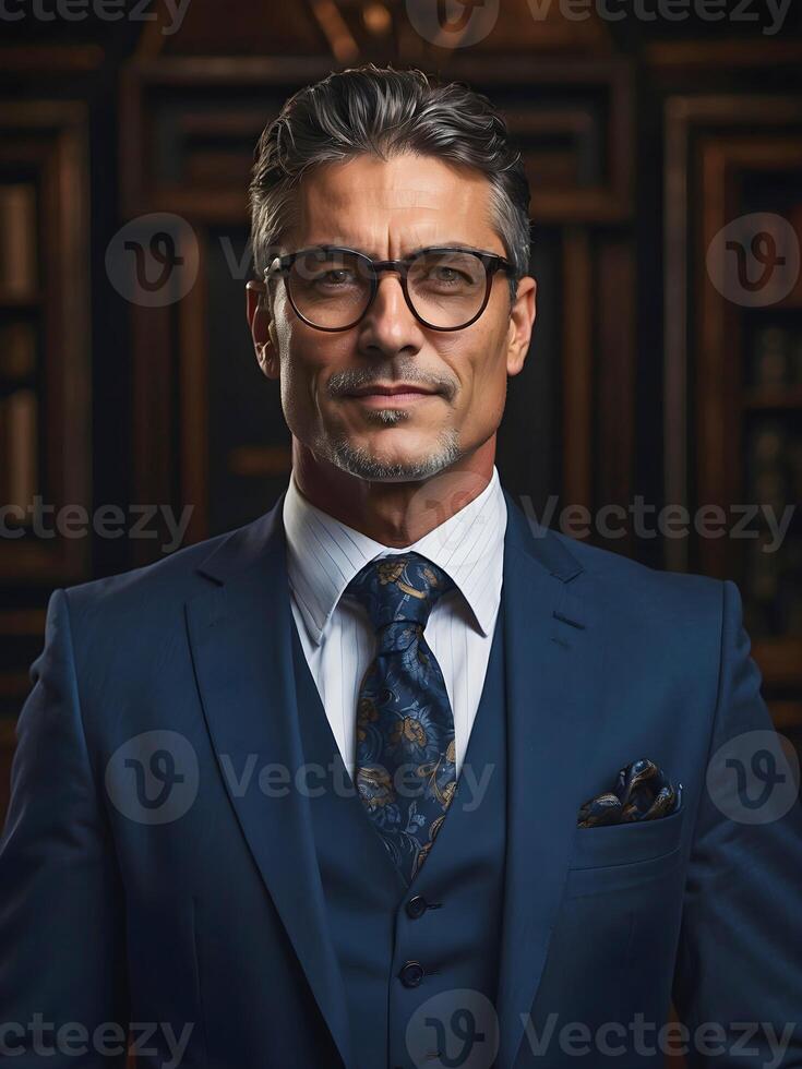 AI generated portrait of handsome mature confident business man smiling in suit and glasses, CEO manager background, successful people photo