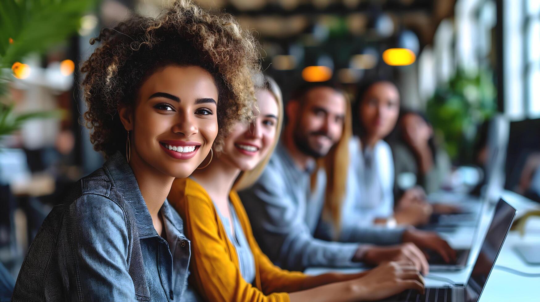 AI generated Group of diverse young business people sitting at office desk, smiling, using laptops, young confident professionals photo