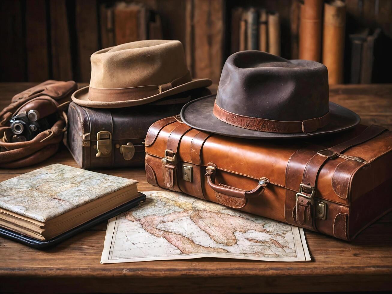 AI generated Closeup of vintage travel kit, suitcase, hat and world map, retro concept adventure background photo