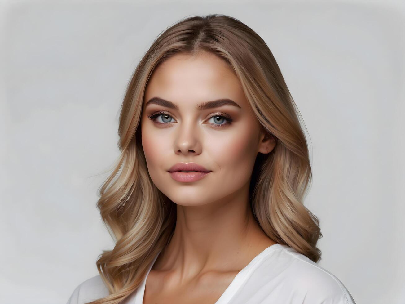AI generated Portrait of young beautiful blonde woman, blue eyes,  natural makeup, isolated on white background, self care and beauty photo