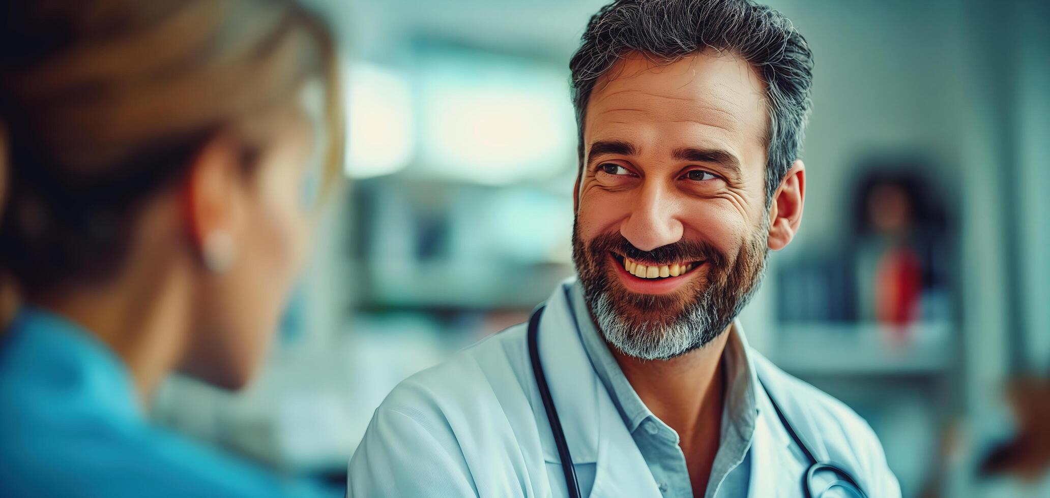 ai generado retrato de hermoso maduro médico en blanco Saco y estetoscopio sonriente y hablando a paciente en hospital, salud cuidado y médico antecedentes foto