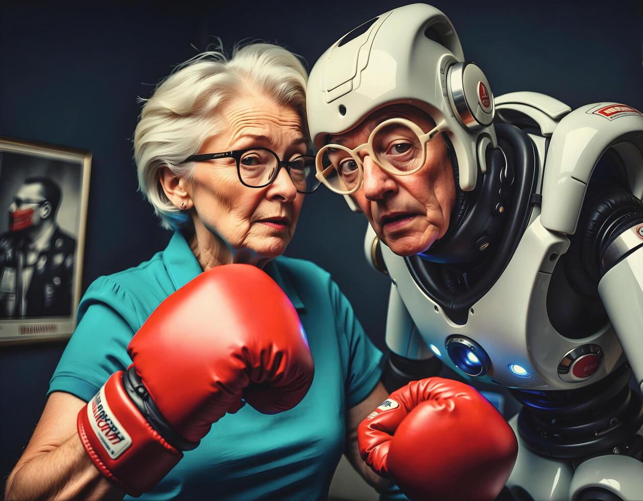 AI generated Funny old mature granny with glasses and red boxing gloves ready to fight, grandma fighter, funny old people photo