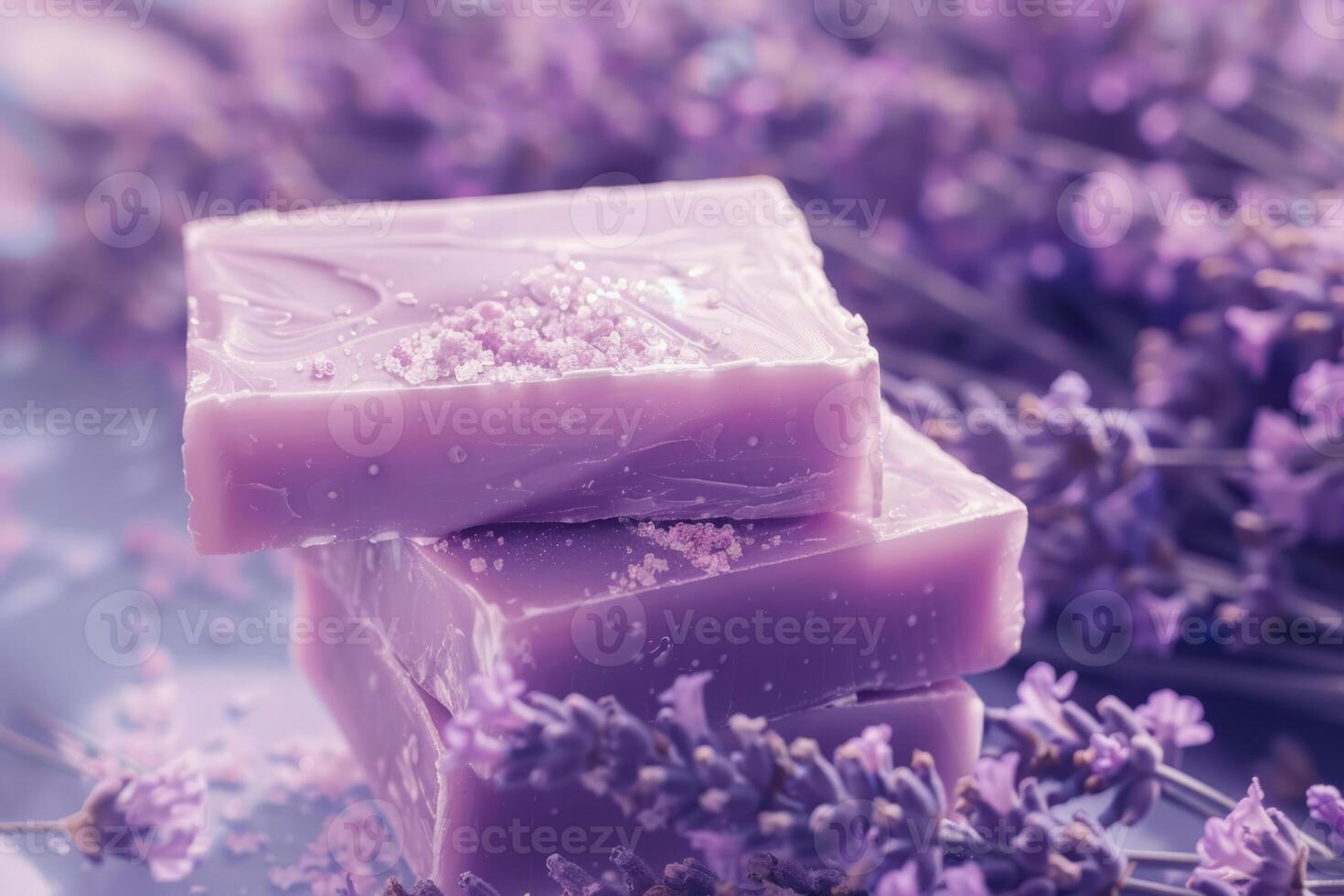 AI generated Scented natural soap bars with lavender flowers. Organic beauty treatment. Generative AI photo