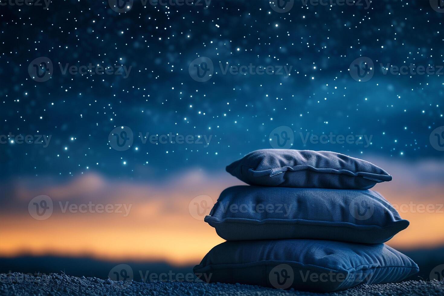 AI generated Pyramid stack of soft Pillow on star night background. Concept of good healthy sleep, sweet dreams and hypnotic pills photo