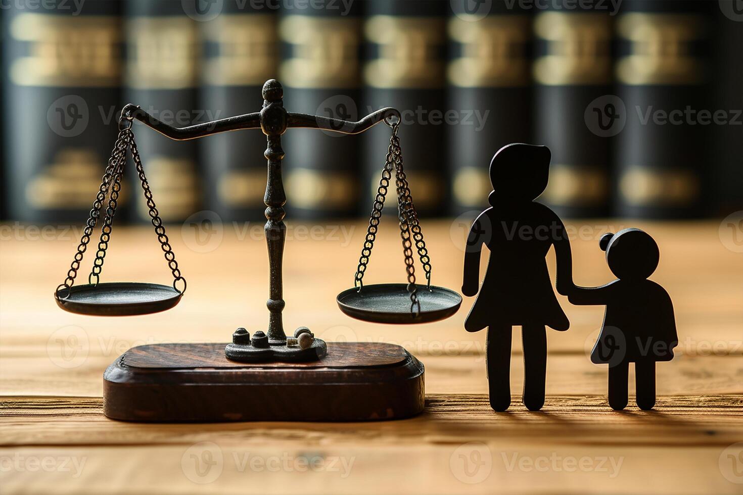 AI generated Family law. Figure of parents with children, scales and gavel on wooden table photo