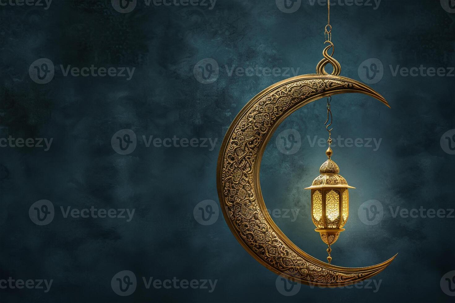 AI generated Ornate Crescent Moon Adorned with a Hanging Golden Lantern Islamic Concept Background photo