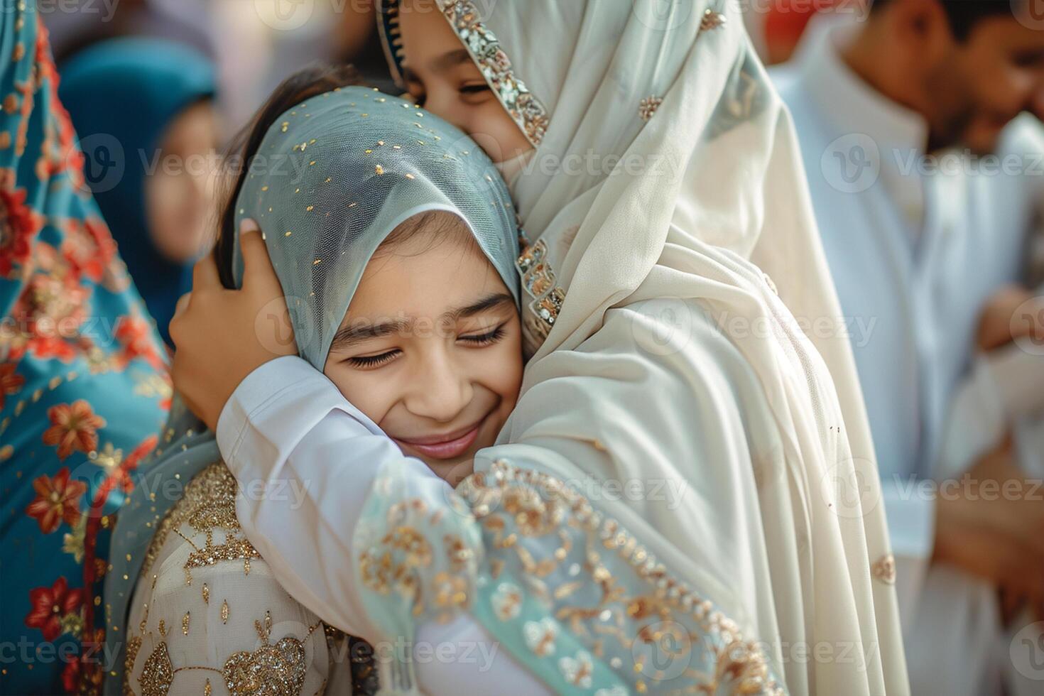 AI generated Muslim family hug in eid mubarak celebration photo