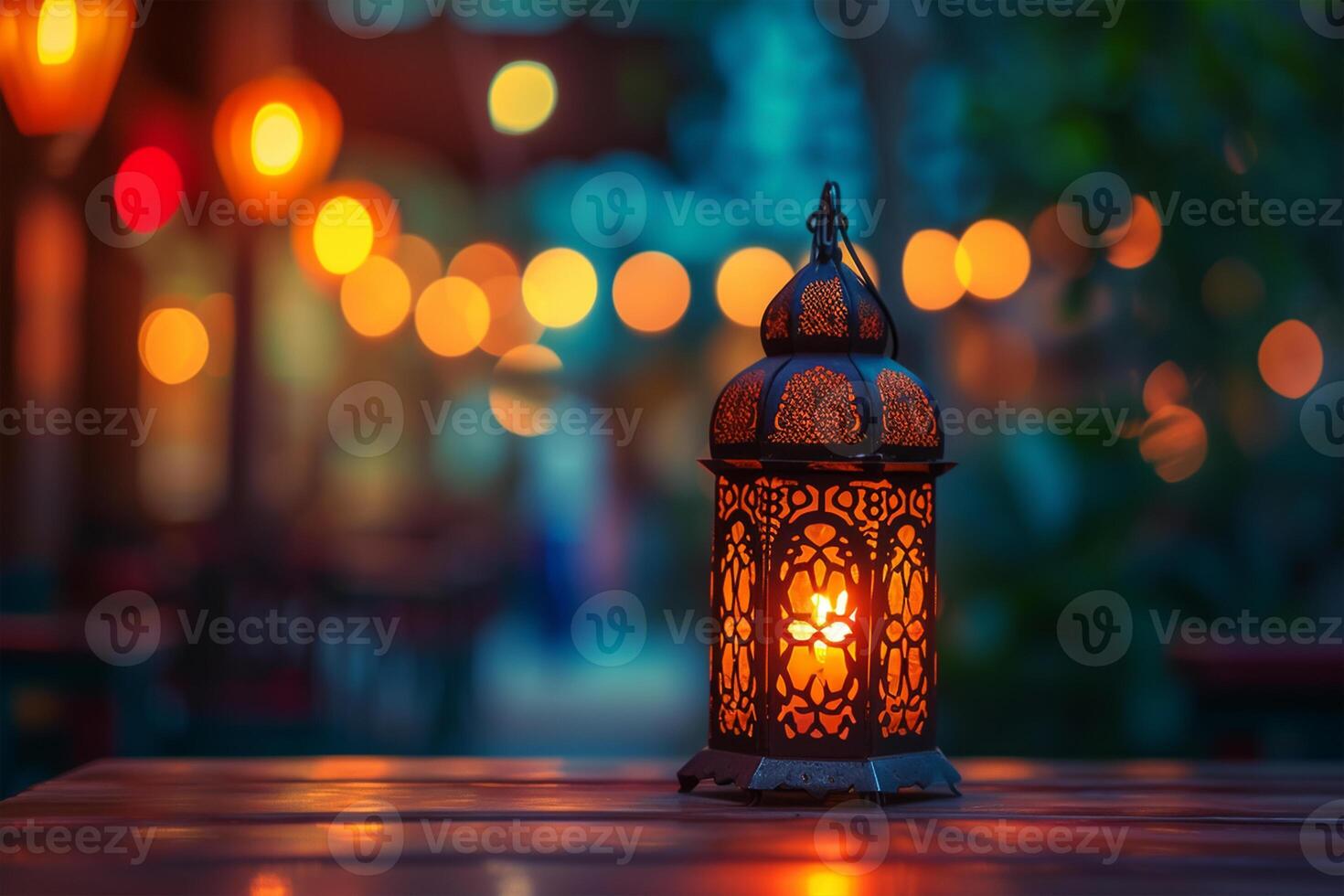 AI generated Abstract candle lantern light on wood table in blur bokeh pub restaurant dinner background concept for ramadan kareem night life photo