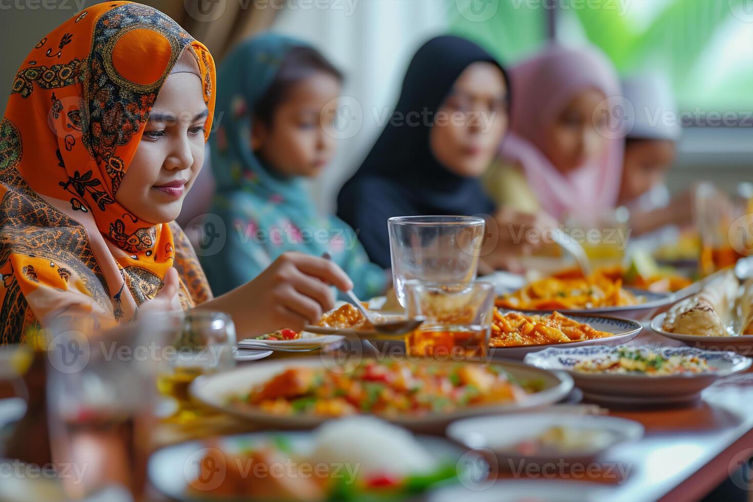 AI generated Happy Muslim family having iftar dinner to break fasting during Ramadan dining table at home group of people eating a healthy food dates photo