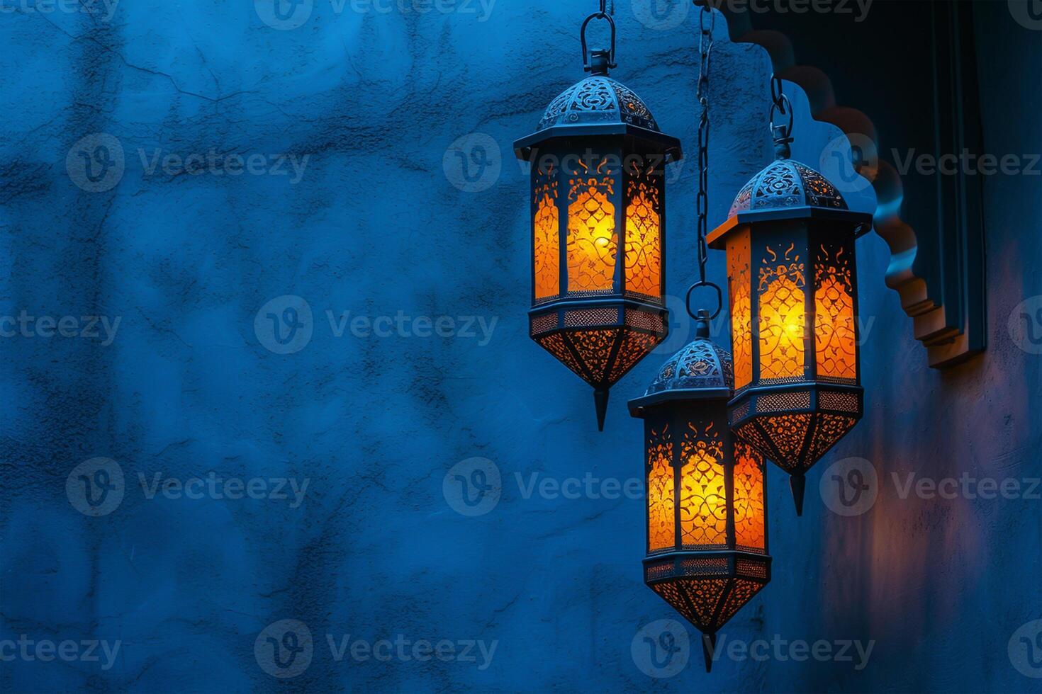 AI generated Background with traditional Muslim lanterns on dark blue - background on Muslim theme photo