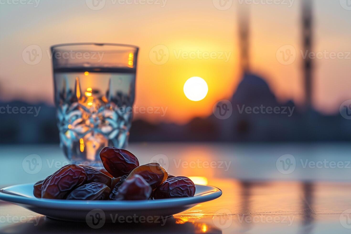 ai generado plato de fechas y vaso de agua en un mesa puesta de sol foto