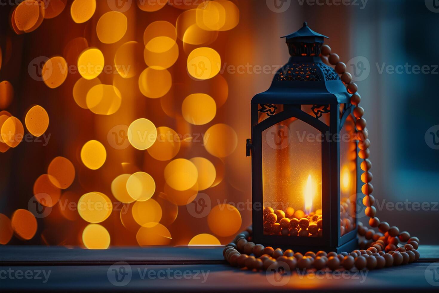 AI generated Lantern with burning candle and prayer beads on table against blurred lights photo