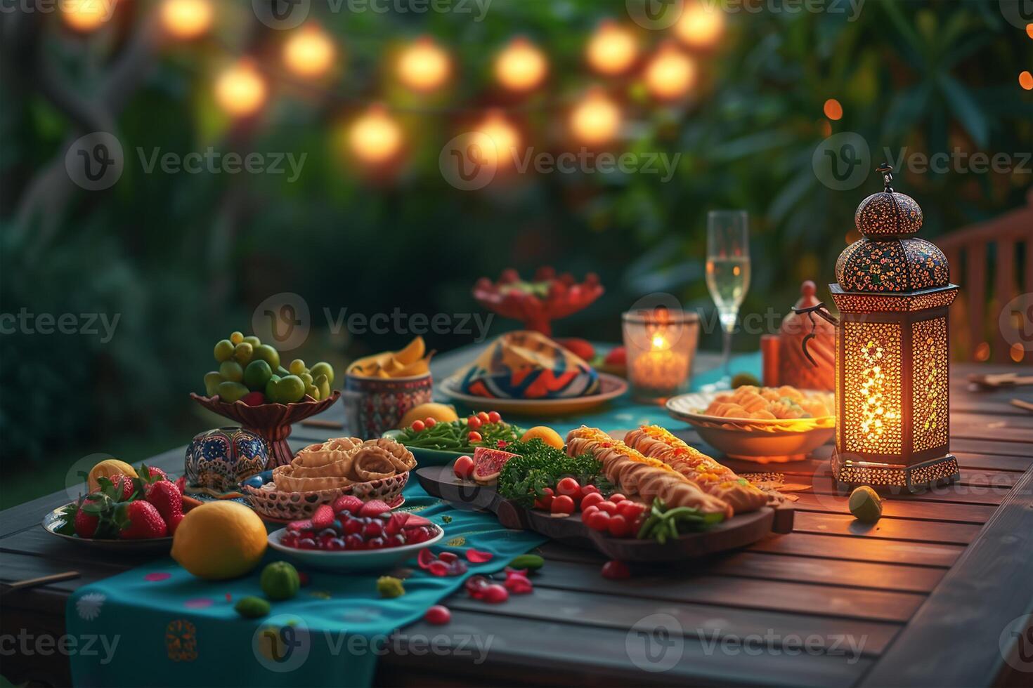 AI generated Muslim Ramadan Mubarak iftar table shows Ramadan foods and lantern light with holy month eid Mubarak concept background photo