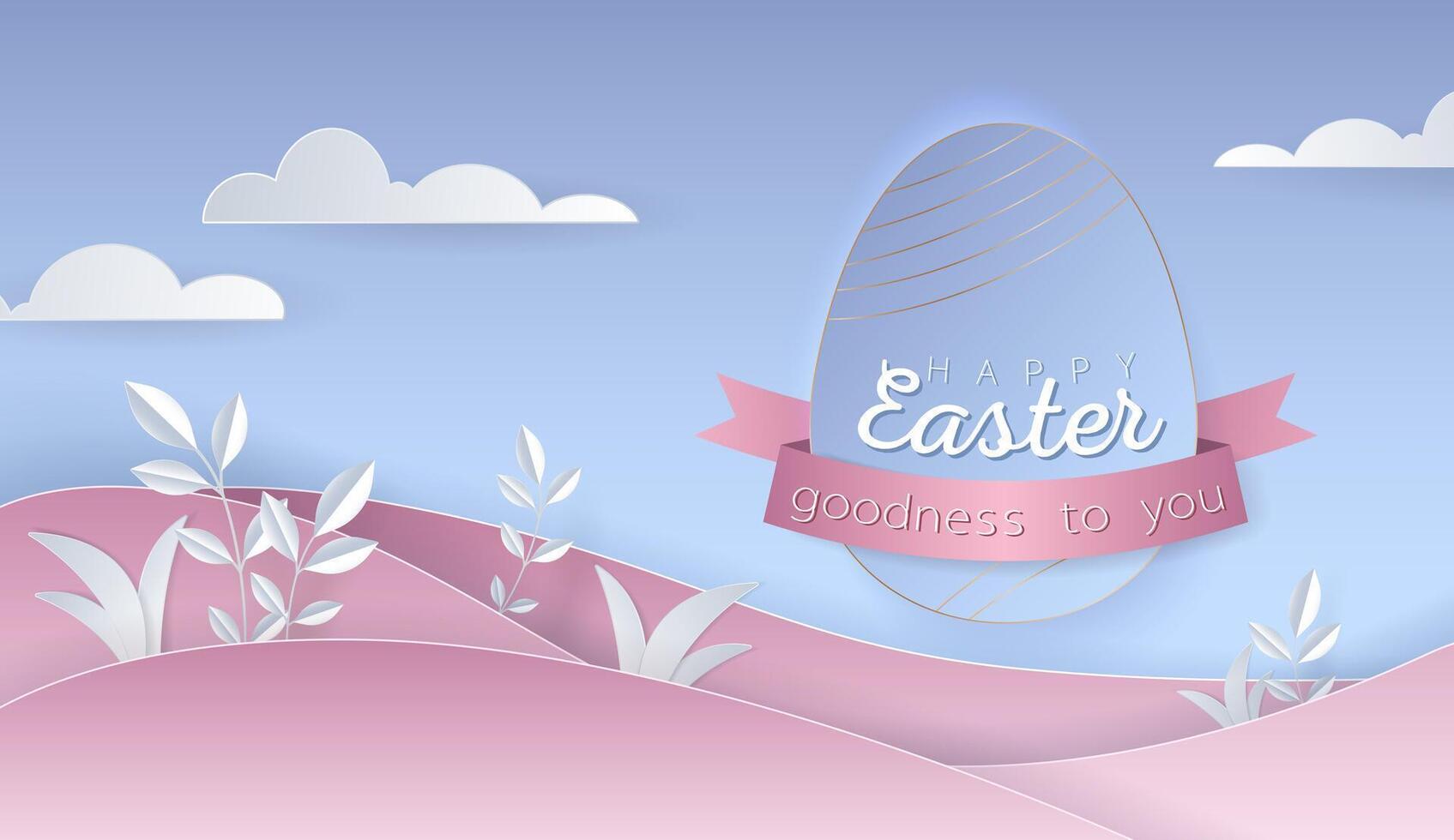 Happy Easter day wallpaper or banner with papercut egg. Beautiful paper cut eastern elements. Vector illustration for sale, product display, easter festival design, presentation, greeting card.