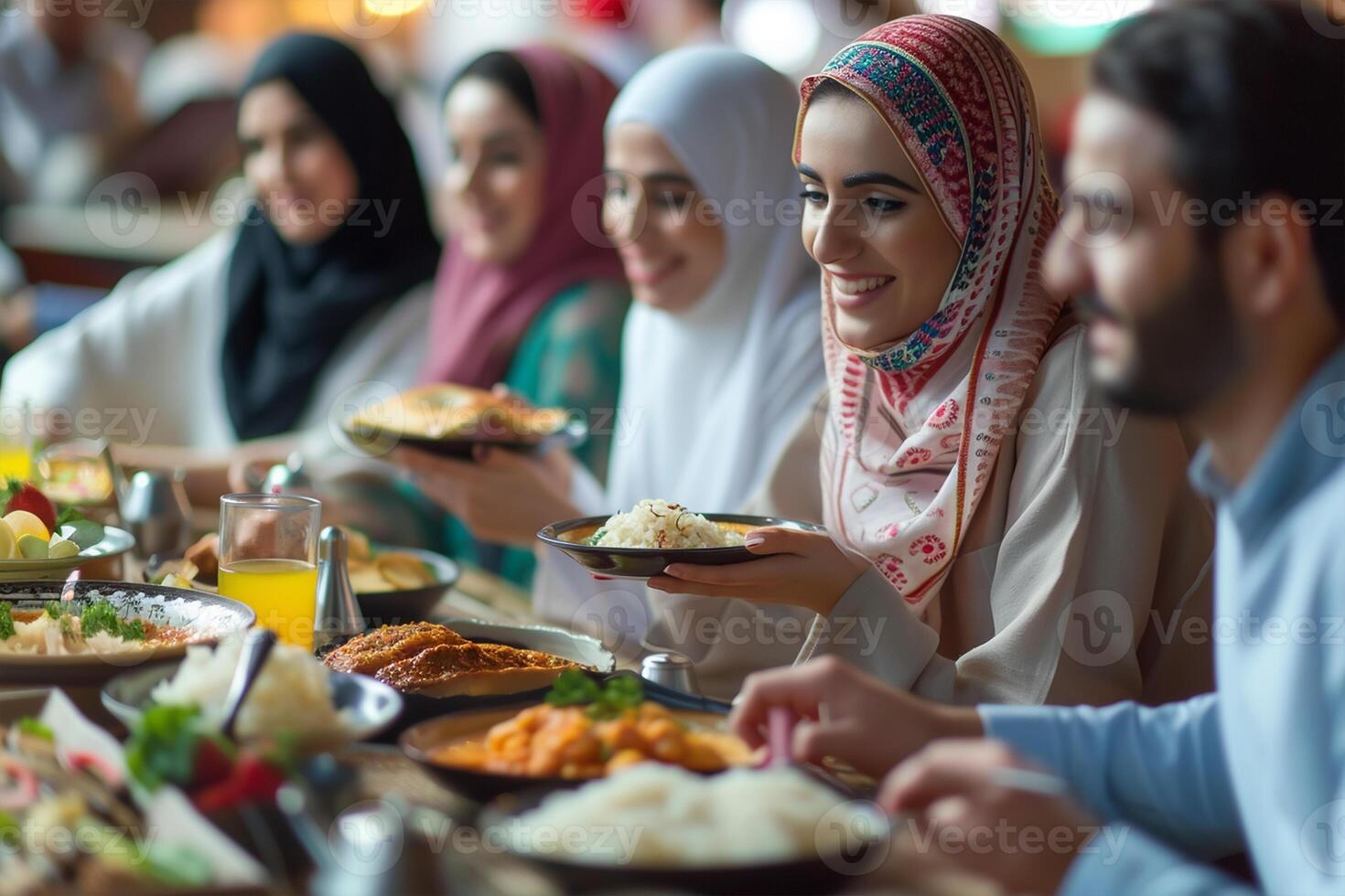 AI generated Group of Arab people in restaurant enjoying photo