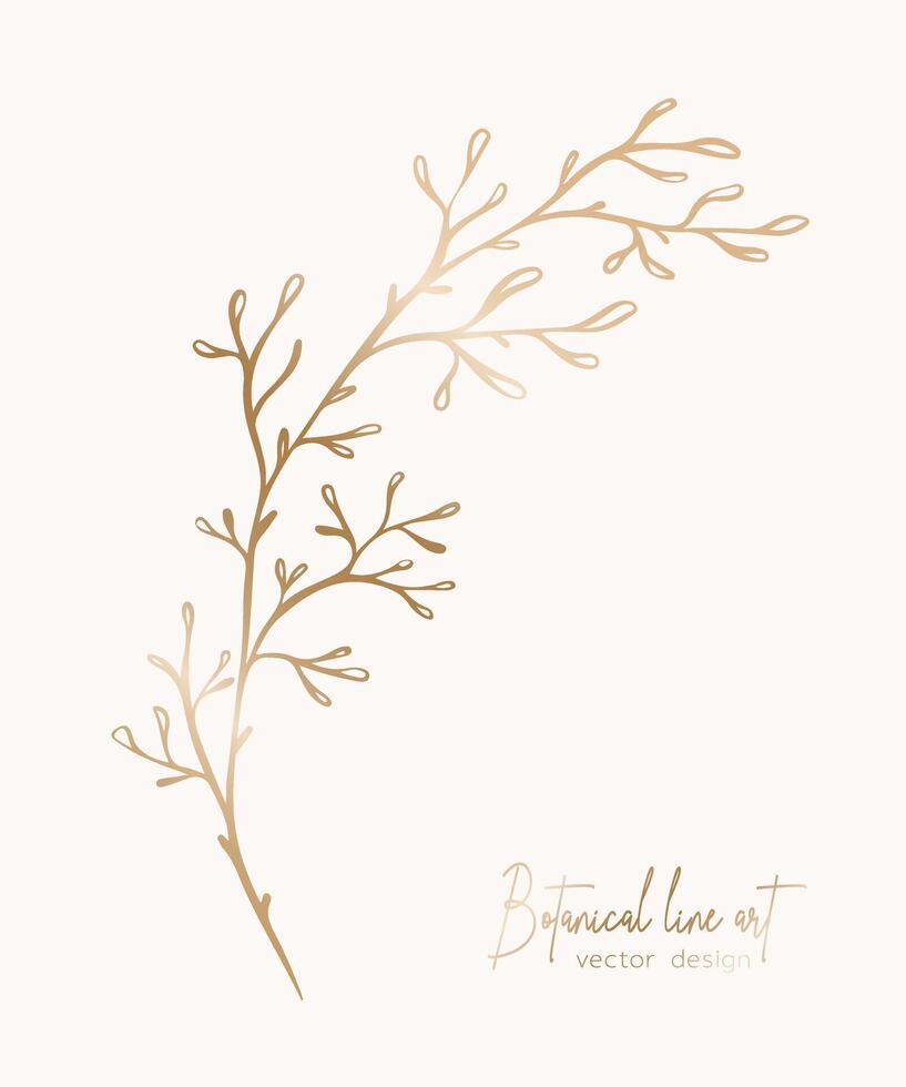 Botanical elegant golden line illustration of a leaves branch for wedding invitation and cards, logo design, web, social media and poster, template, advertisement, beauty and cosmetic industry. vector