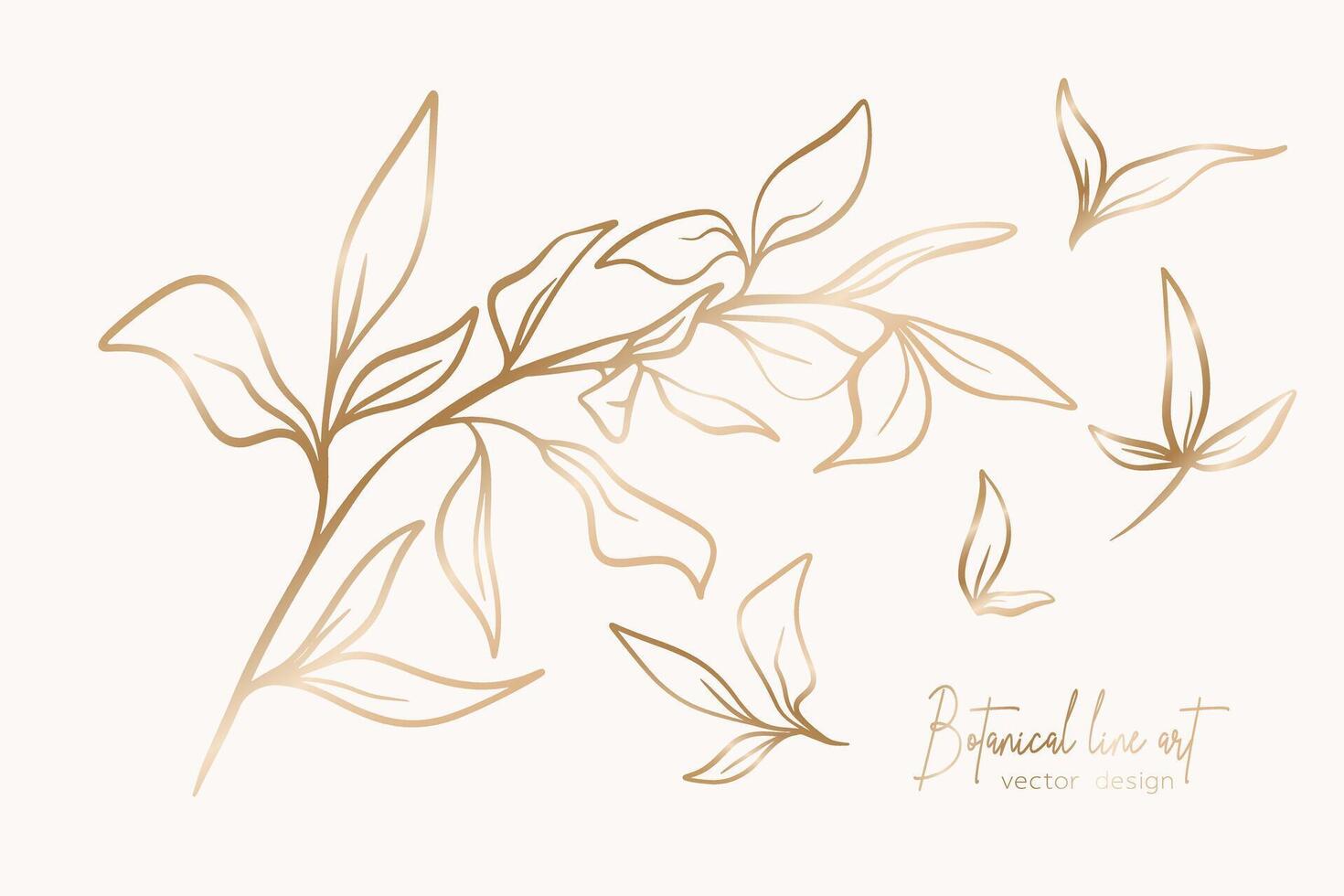 Botanical elegant gold line art illustration of flower leaves branch for wedding invitation and cards, logo design, web, social media and poster, template, advertisement, beauty and cosmetic industry. vector