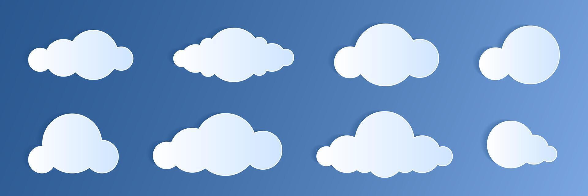 Paper cut clouds set on blue sky background. Forecast white cloud icon symbol collection. 3D Papercraft frame icon for posters and flyers, presentation, web, social media, design, banner and sticker. vector