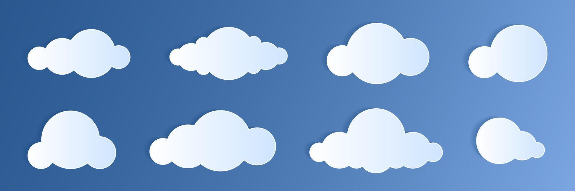 papel cortar nubes conjunto en azul cielo antecedentes. pronóstico blanco nube icono símbolo recopilación. 3d papercraft marco icono para carteles y volantes, presentación, web, social medios de comunicación, diseño, bandera y pegatina. vector