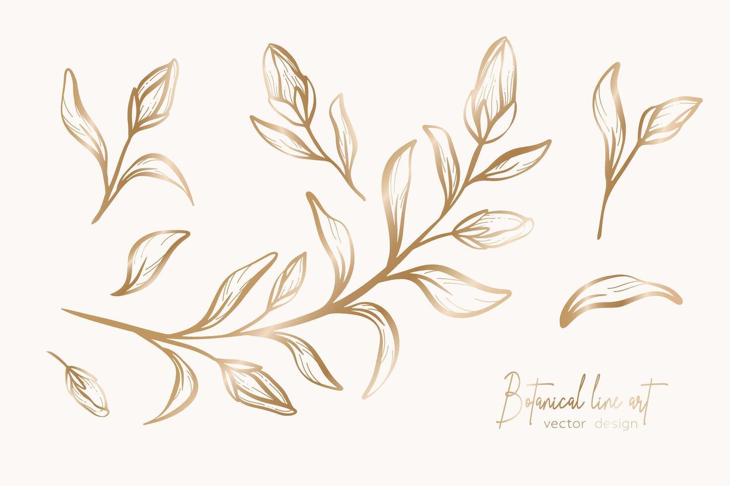 Botanical elegant gold line art illustration of flower leaves branch for wedding invitation and cards, logo design, web, social media and poster, template, advertisement, beauty and cosmetic industry. vector