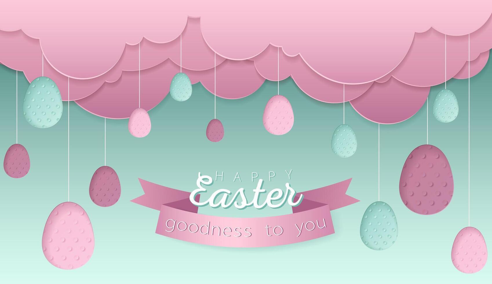 Happy Easter day wallpaper or banner with papercut egg. Beautiful paper cut eastern elements. Vector illustration for sale, product display, easter festival design, presentation, greeting card.