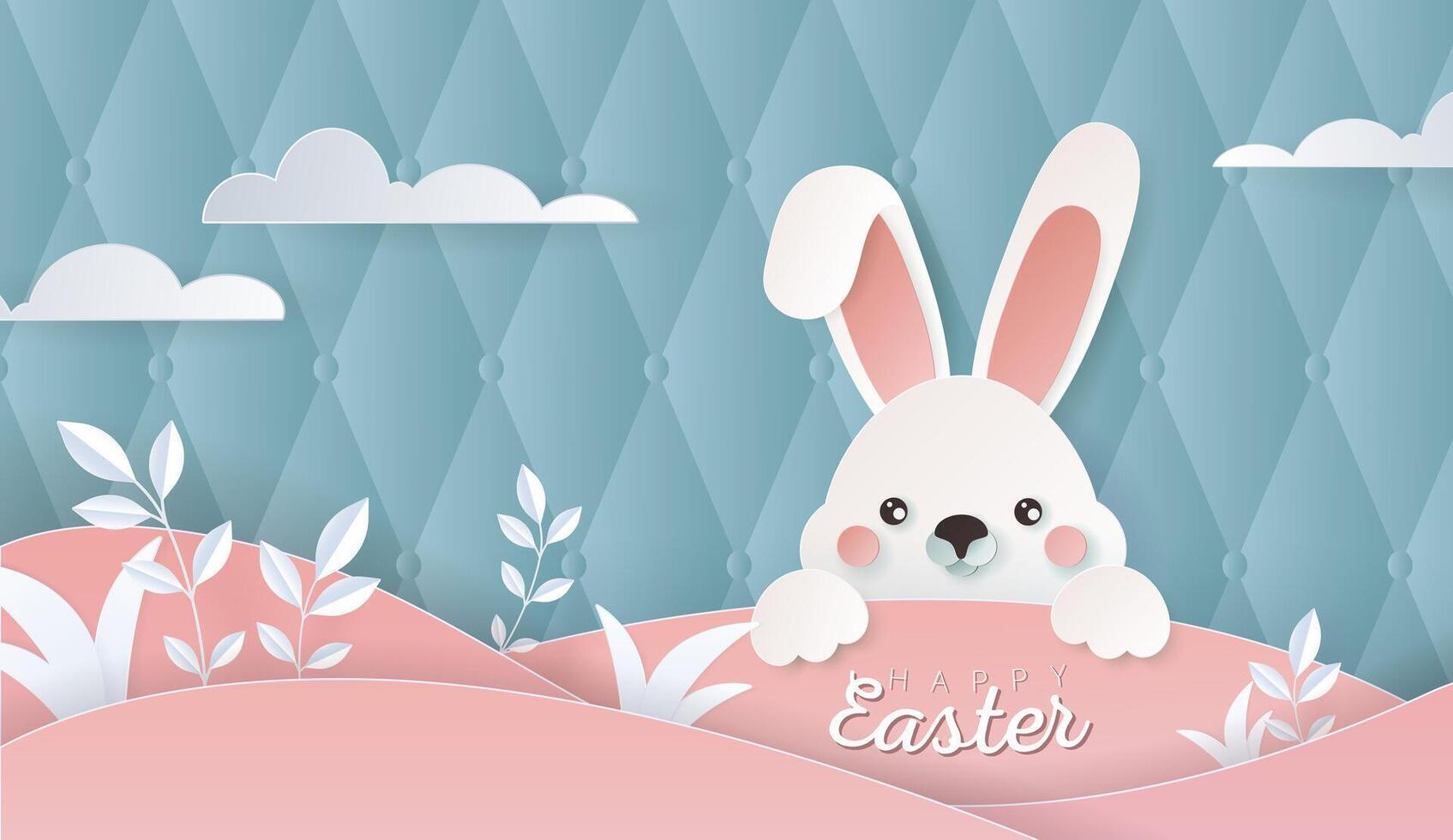 Happy Easter day wallpaper or banner with papercut bunny. Beautiful paper cut eastern elements. Vector illustration for sale, product display, easter festival design, presentation, greeting card.