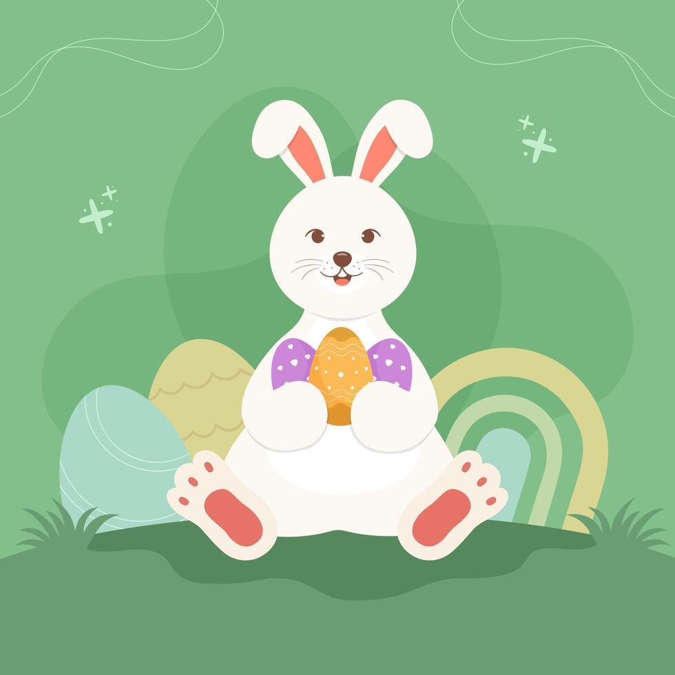 Cute Easter bunny with Easter eggs, cartoon character design for Easter day. Vector illustration