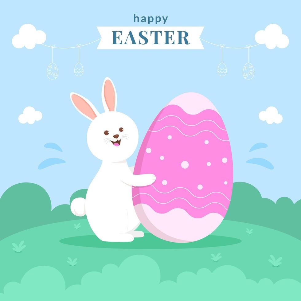 Happy Easter greeting card with cute bunny and egg. Vector illustration