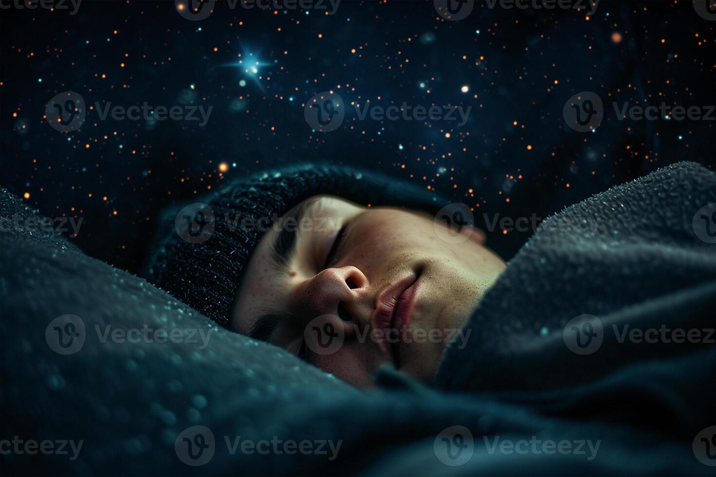 AI generated World day of sleep, night starry sky, inscription, sleeping month in a cap photo