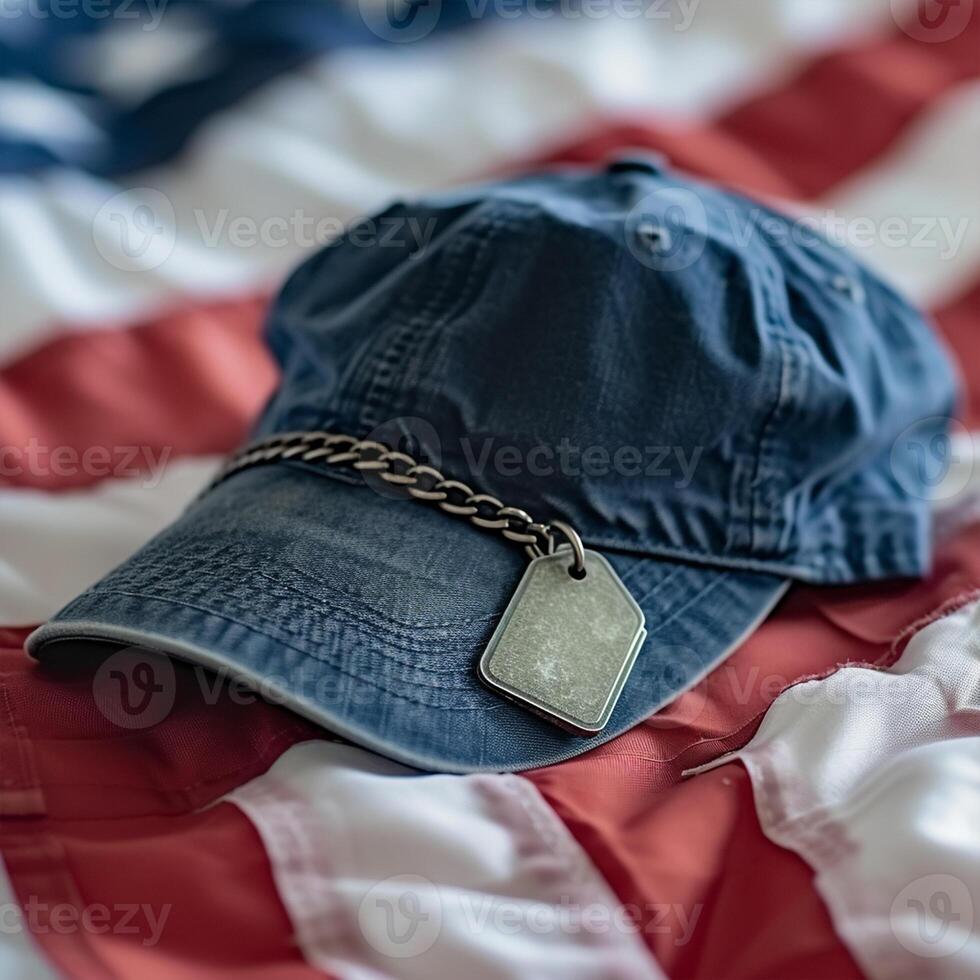 AI generated Celebrating USA Memorial Day with dog tag and hat on flag photo