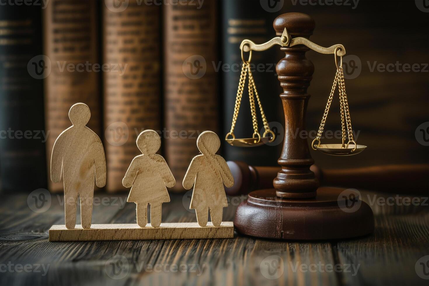 AI generated Family figures with judge's gavel and justice scales on dark wooden background photo