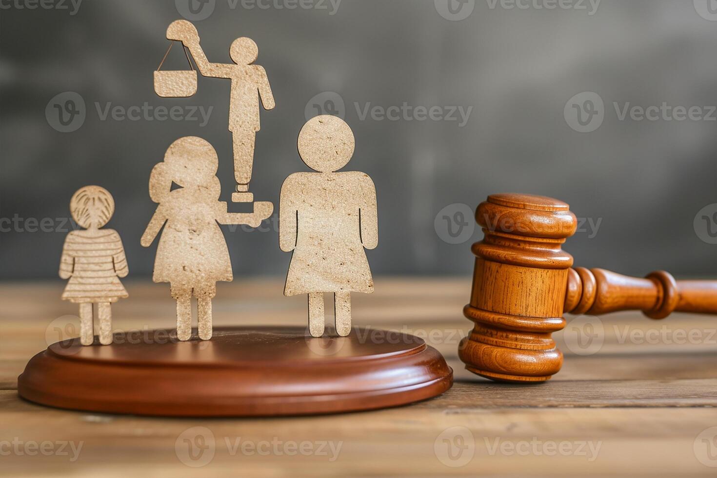 AI generated Family figure and judge gavel on wooden table. Family law concept photo