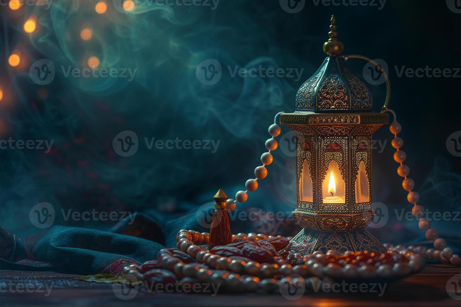 AI generated Aladdin lamp of wishes, dates, Muslim lantern and prayer beads for Ramadan on dark background photo