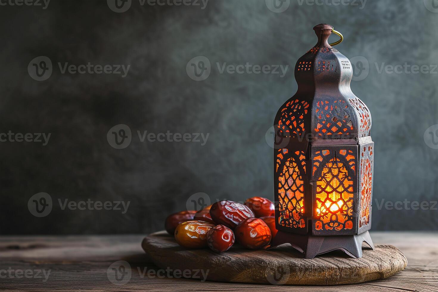 AI generated Lightened lantern and dates fruit on wooden table over dark background photo