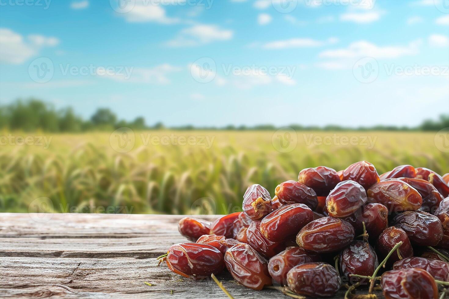 AI generated Dates on wooden table over field and sky background. Festive still life with copy space. Healthy vegan sweet food photo