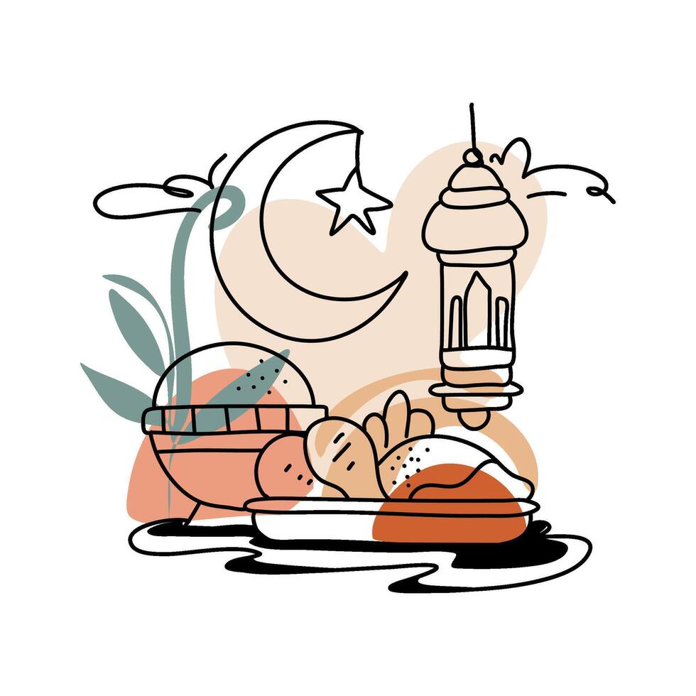 Elegant Ramadan Food Moon Flat Illustration Sticker Islamic Decal, Muslim Festive Decor, Eid Al Fitr Decoration vector