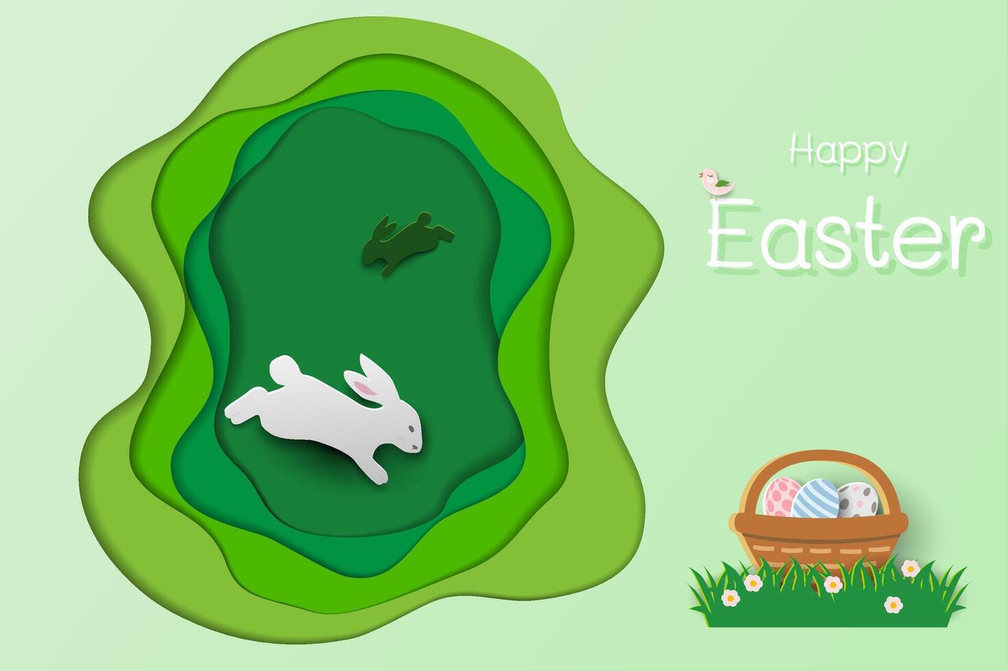 Happy Easter concept with cute rabbits and easter eggs on paper cut and craft style vector
