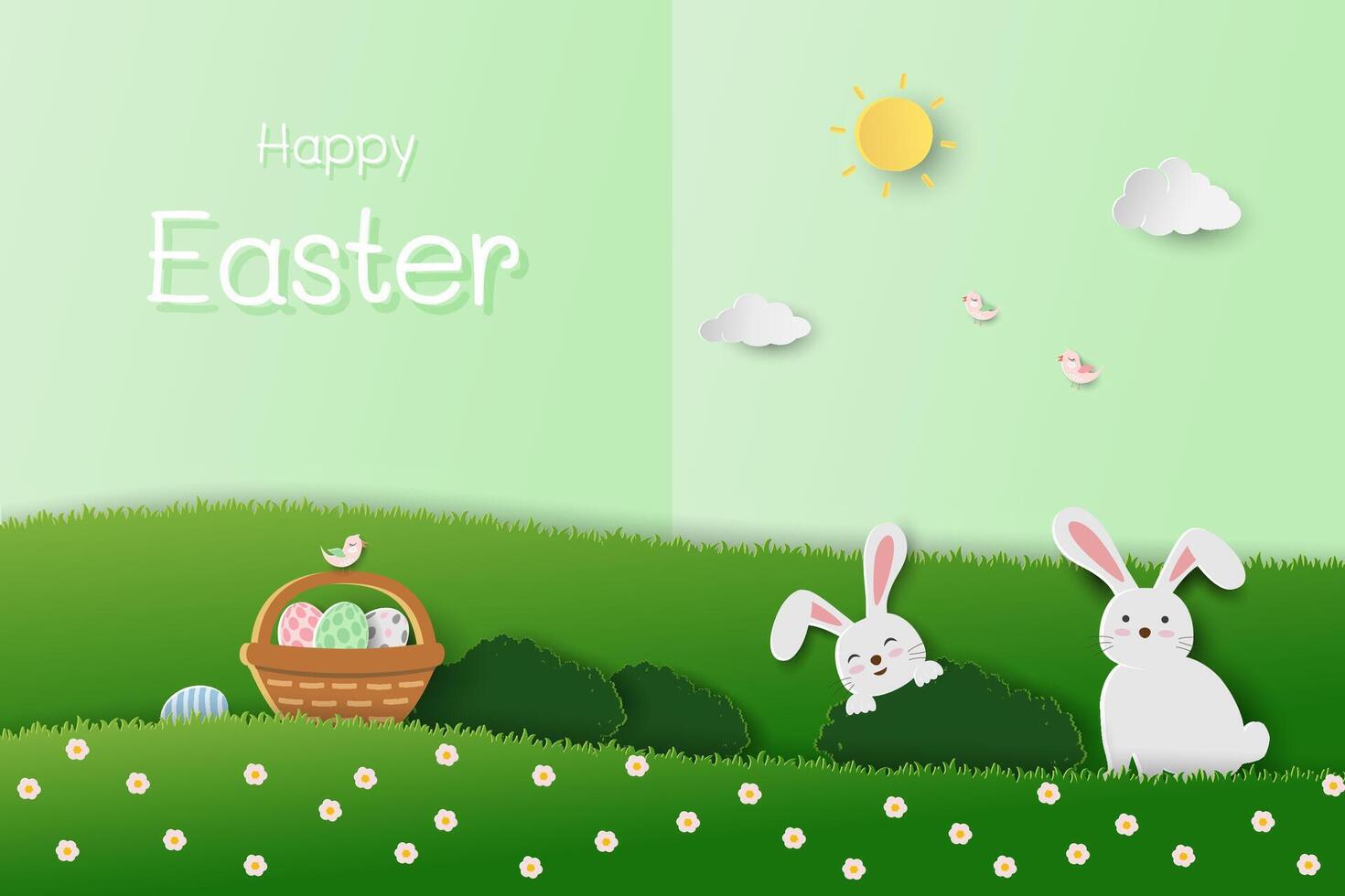 Happy Easter background with cute rabbits and easter eggs on paper cut and craft style vector