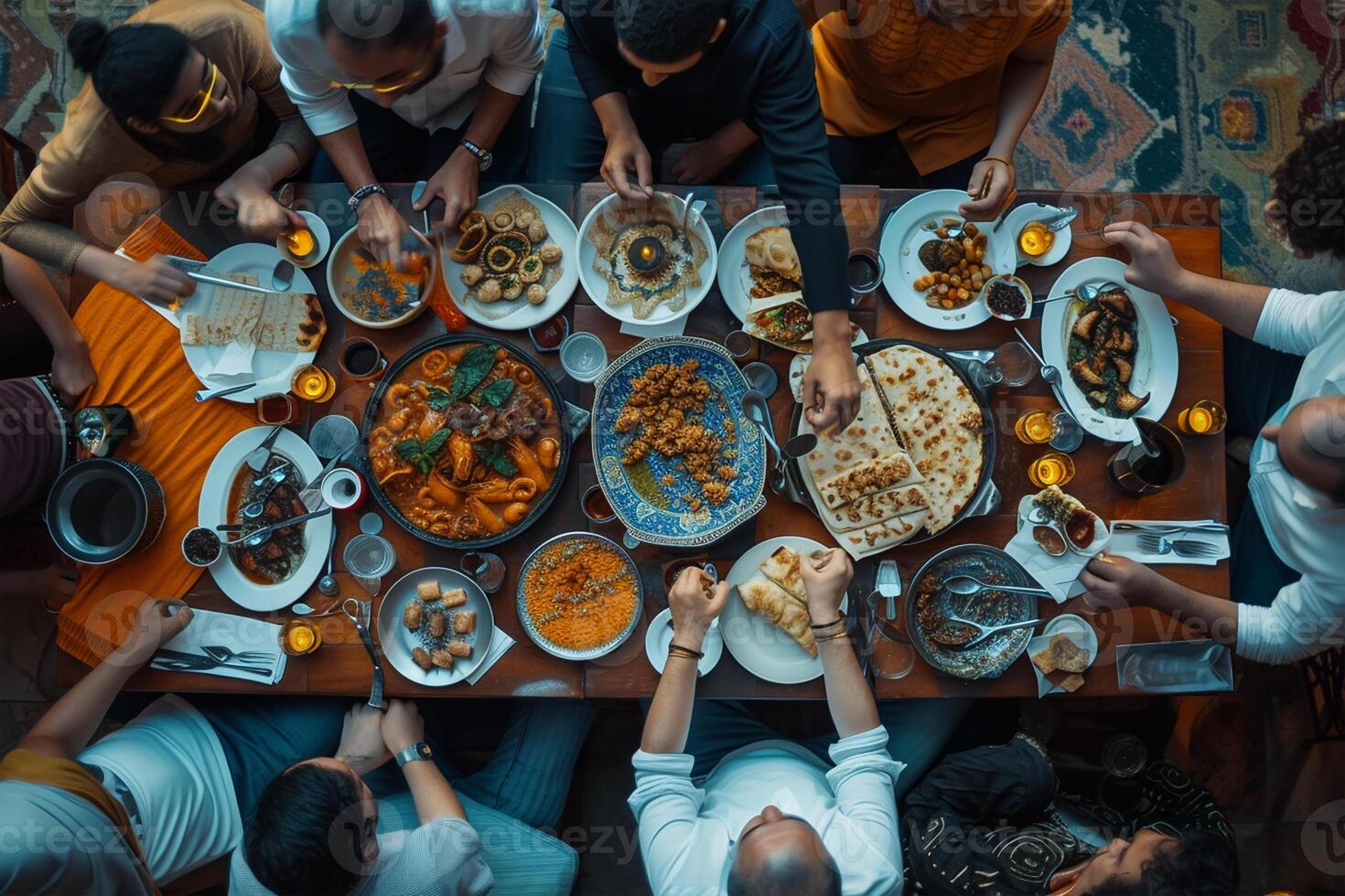 ai generado árabe personas en restaurante disfrutando un tradicional iftar foto