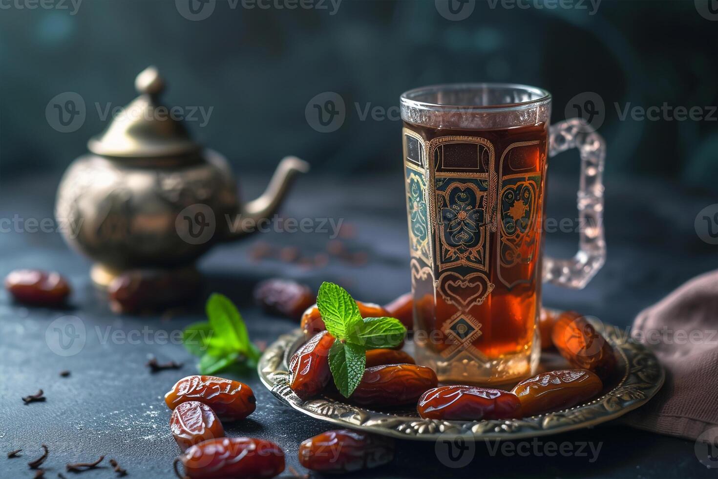 AI generated Ramadan food and drinks concept. Ramadan tea and dates fruits on dark background photo