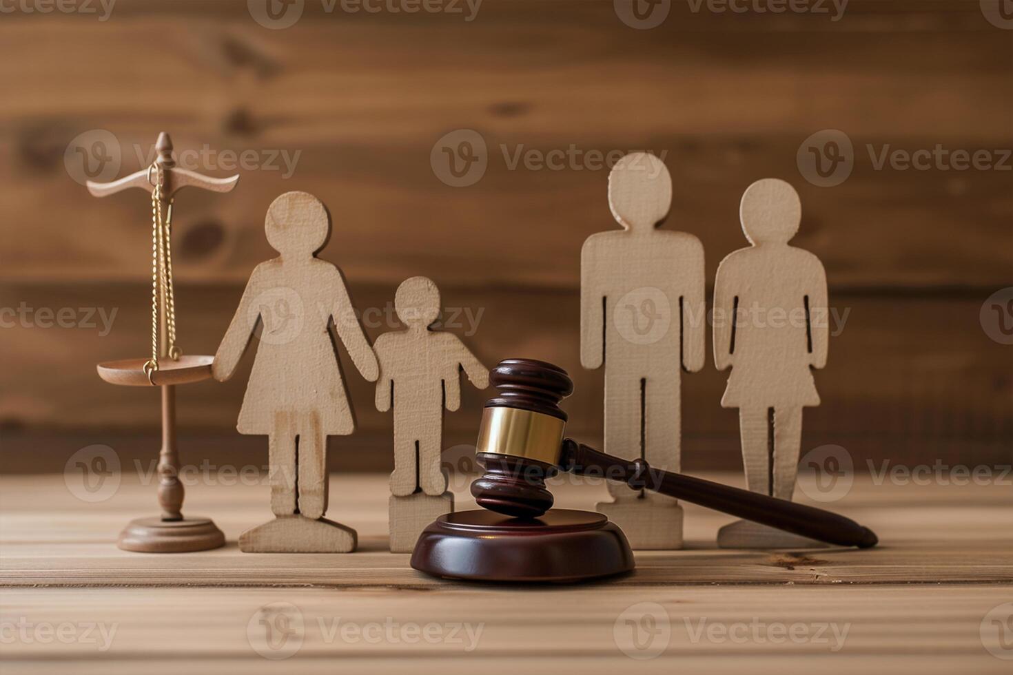 AI generated Family figure and judge gavel on wooden table. Family law concept photo