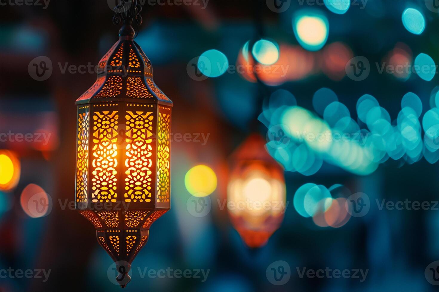 AI generated Decorative lanterns light up at night. Muslim holiday Ramadan Kareem festive blurred background photo