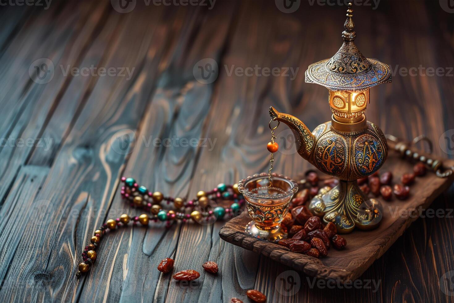 AI generated Aladdin lamp of wishes prayer beads glass and dates photo
