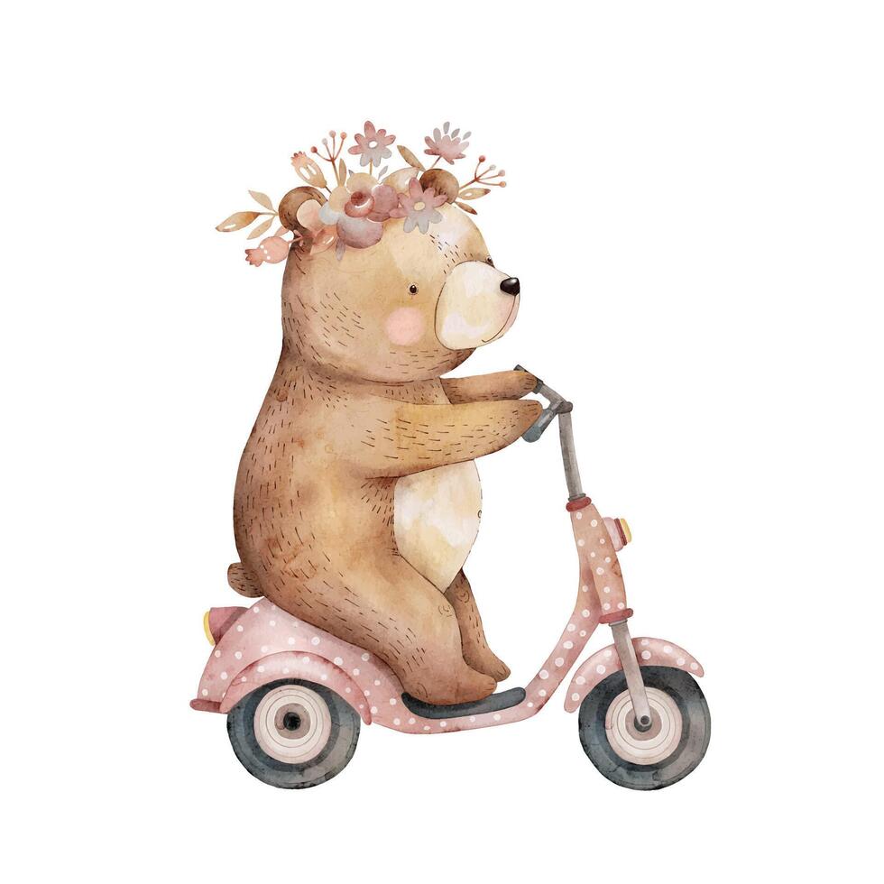 cute cartoon bear on a scooter with a wreath of flowers , vector watercolor.